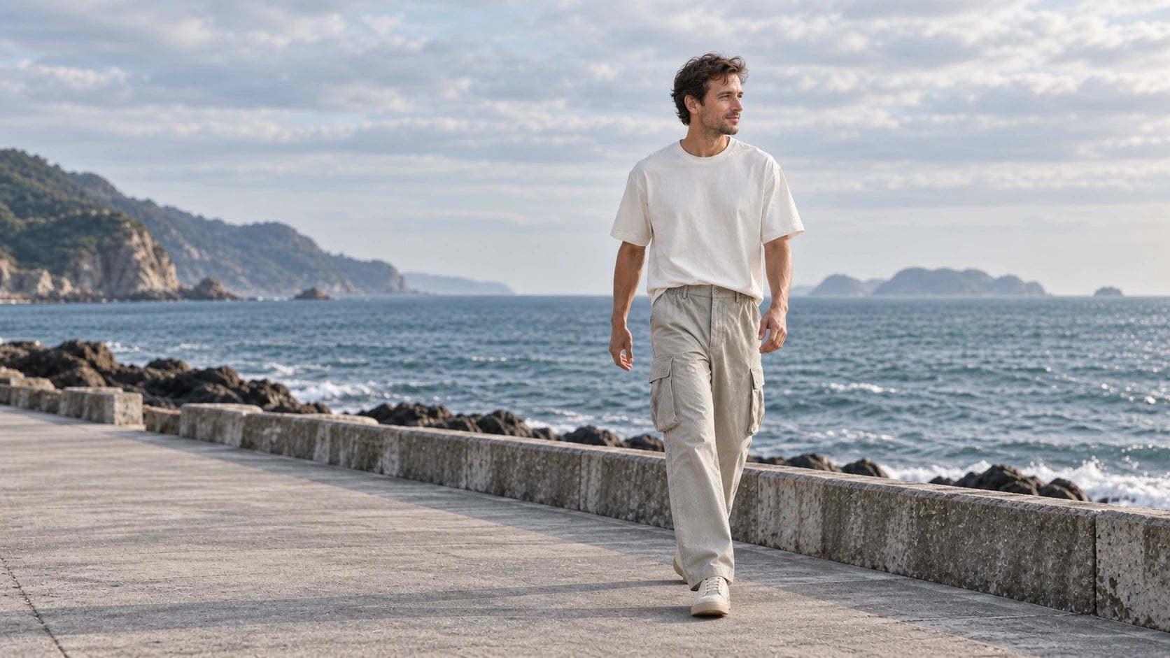 AI campaign styling of a man wearing stone cargo trousers and an off-white T-shirt walking beside the sea