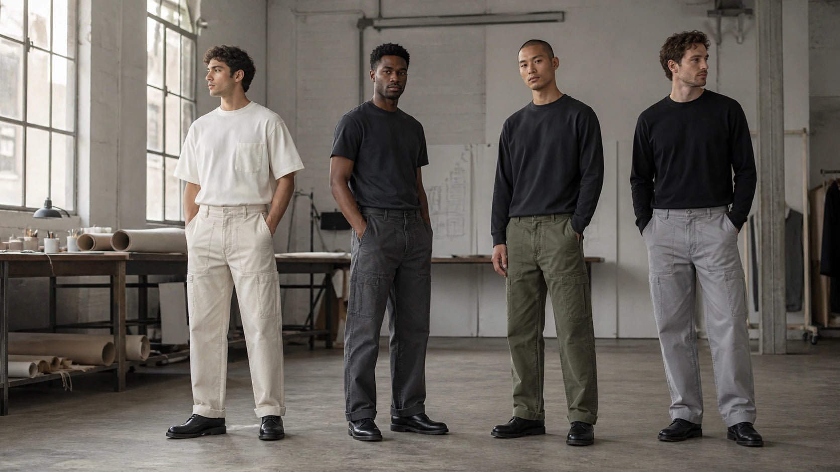Four male models wearing stone charcoal olive and fog grey utility trousers