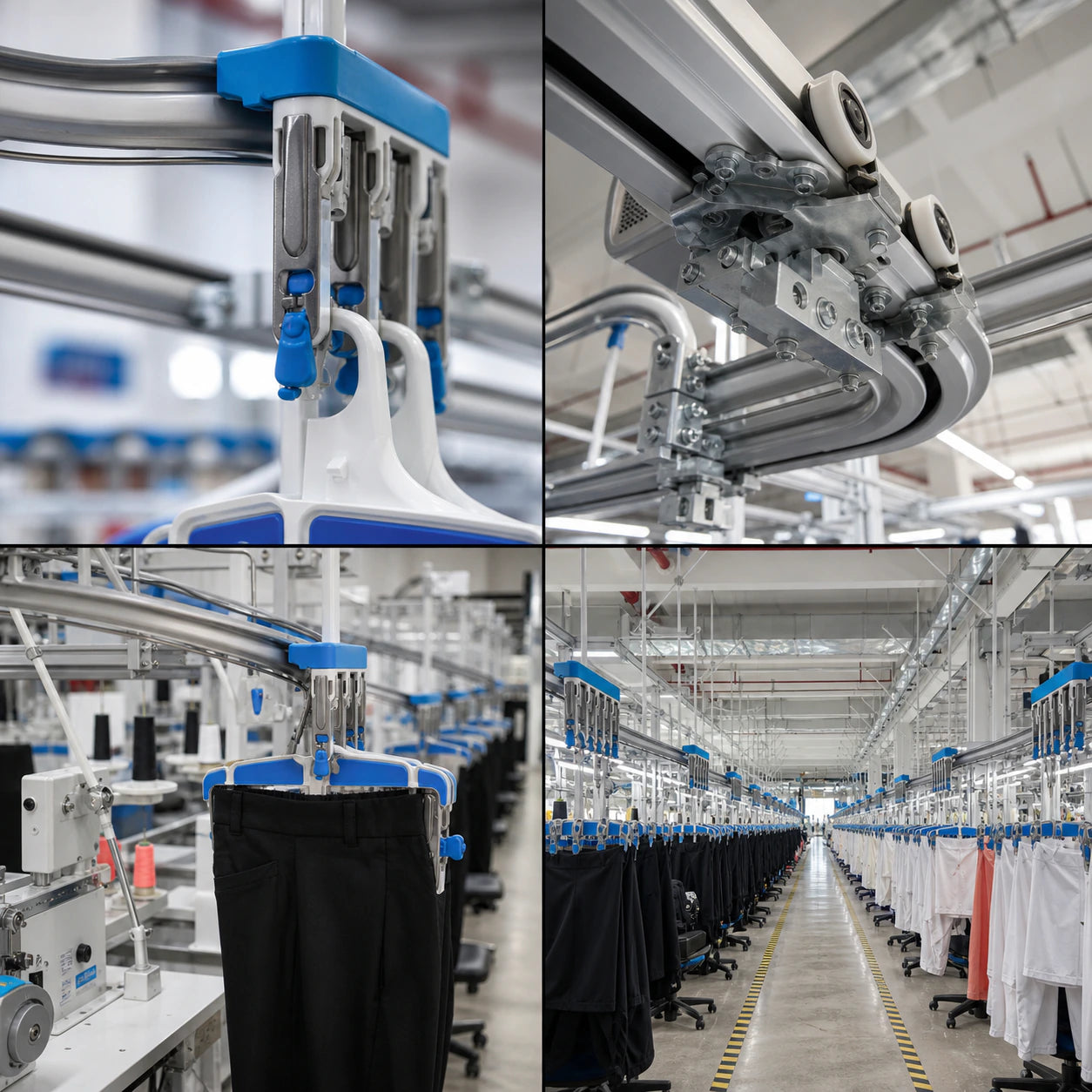 Illustrative garment carrier and overhead rail workflow details