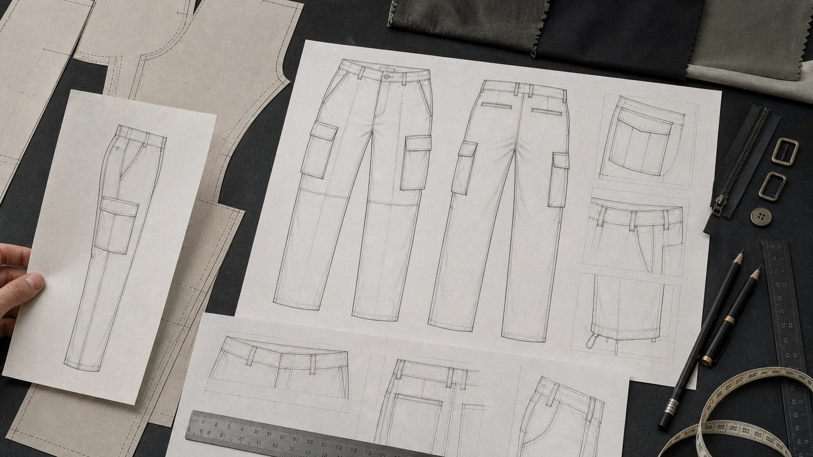 Concept planning table with technical trouser line drawings and cargo trouser pattern pieces
