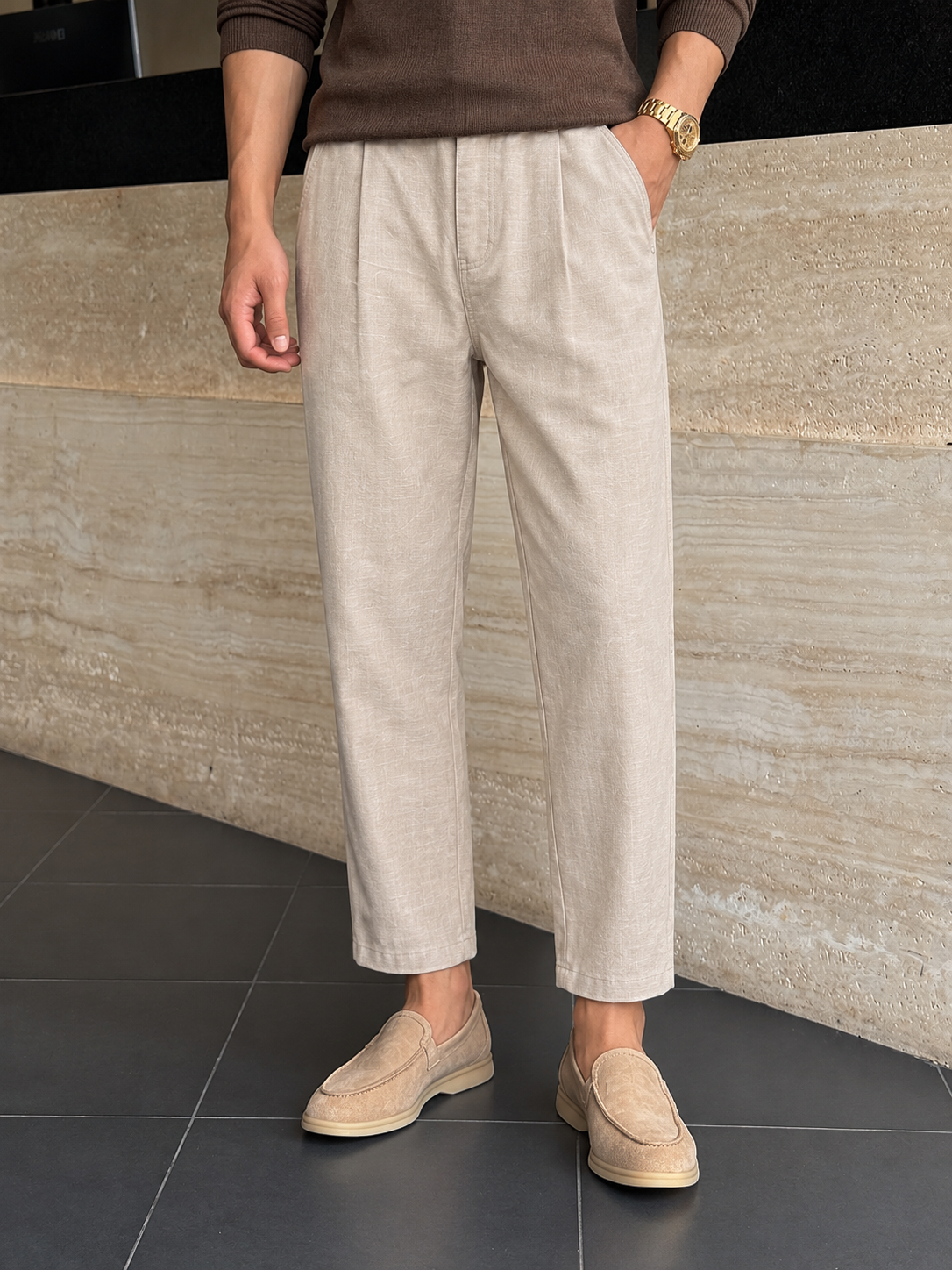 Men’s Textured Linen Blend Cropped Casual Pants — Men’s Textured Linen Blend Cropped Casual Pants