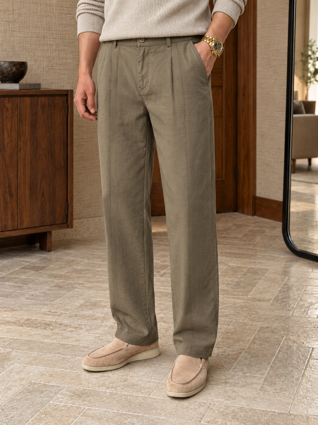 Men's Pleated Relaxed Straight-Leg Casual Pants