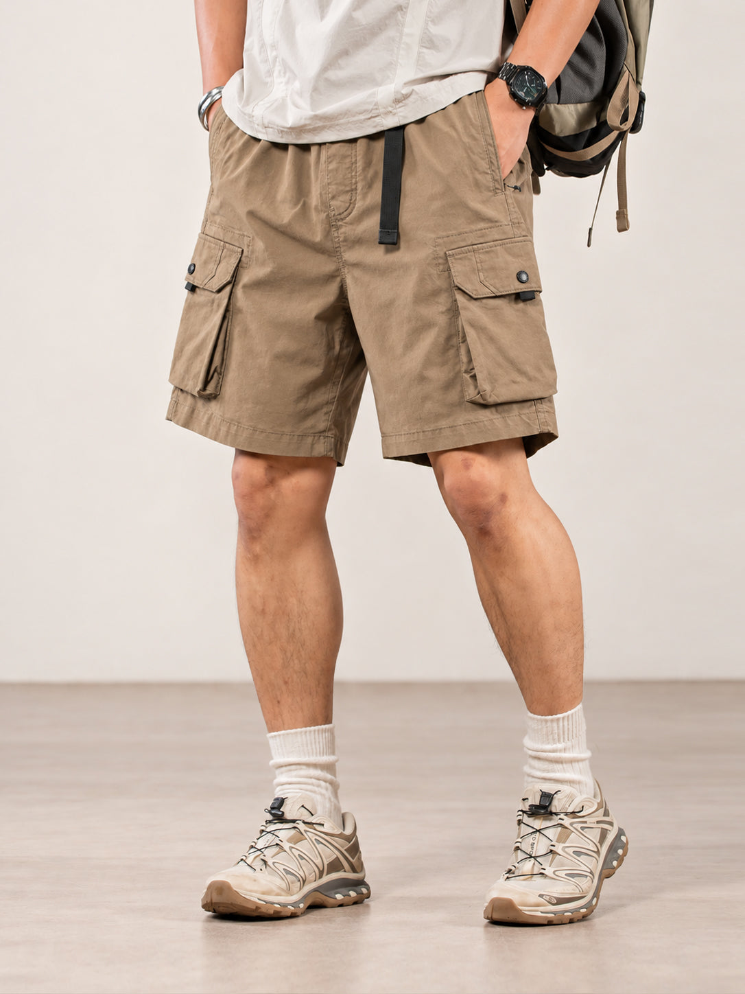 Men's Casual Belted Cargo Shorts with Multi-Pocket Design — Men's Casual Belted Cargo Shorts with Multi-Pocket Design