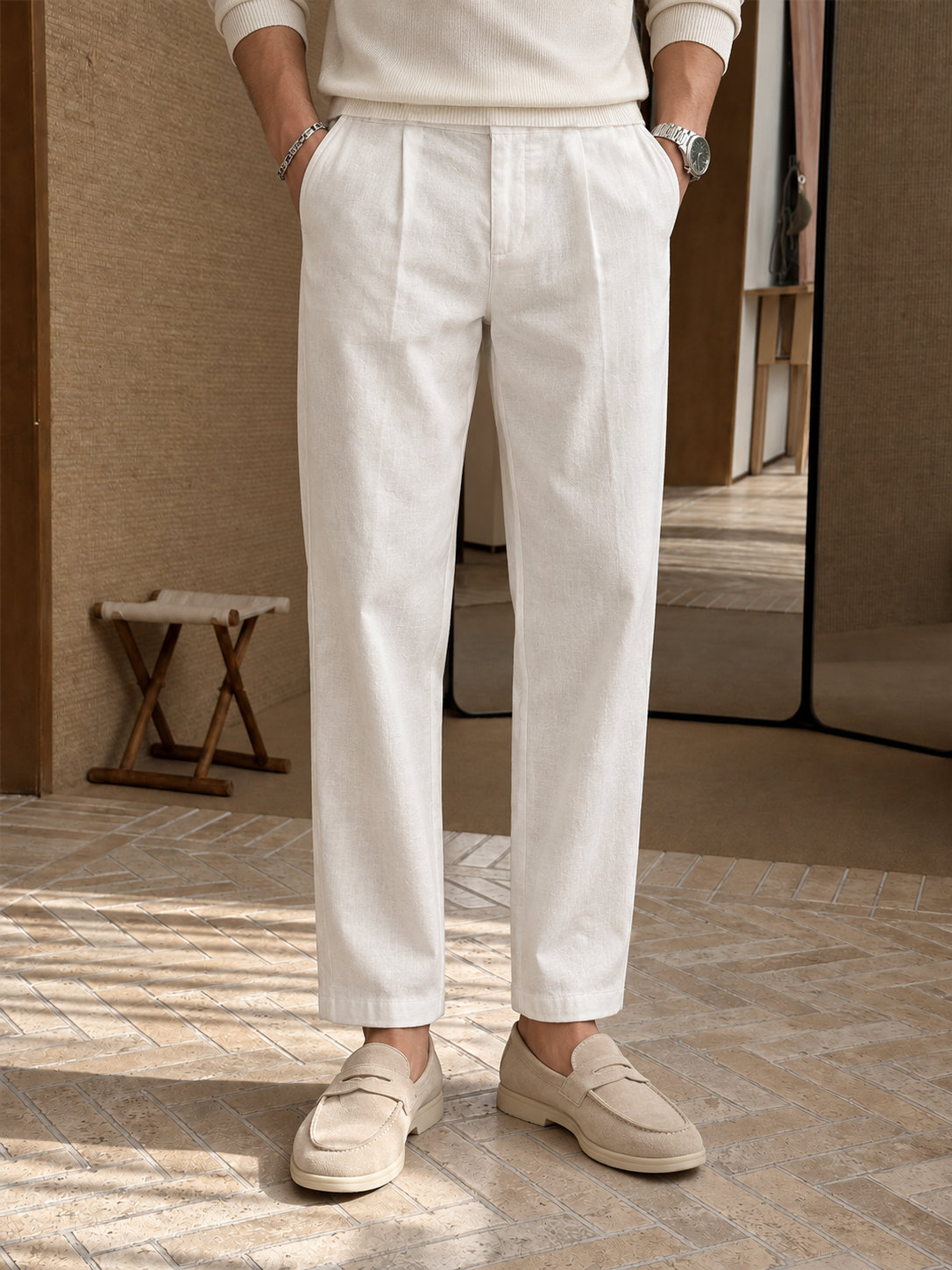 Men’s Textured Linen Blend Cropped Casual Pants — Men’s Textured Linen Blend Cropped Casual Pants