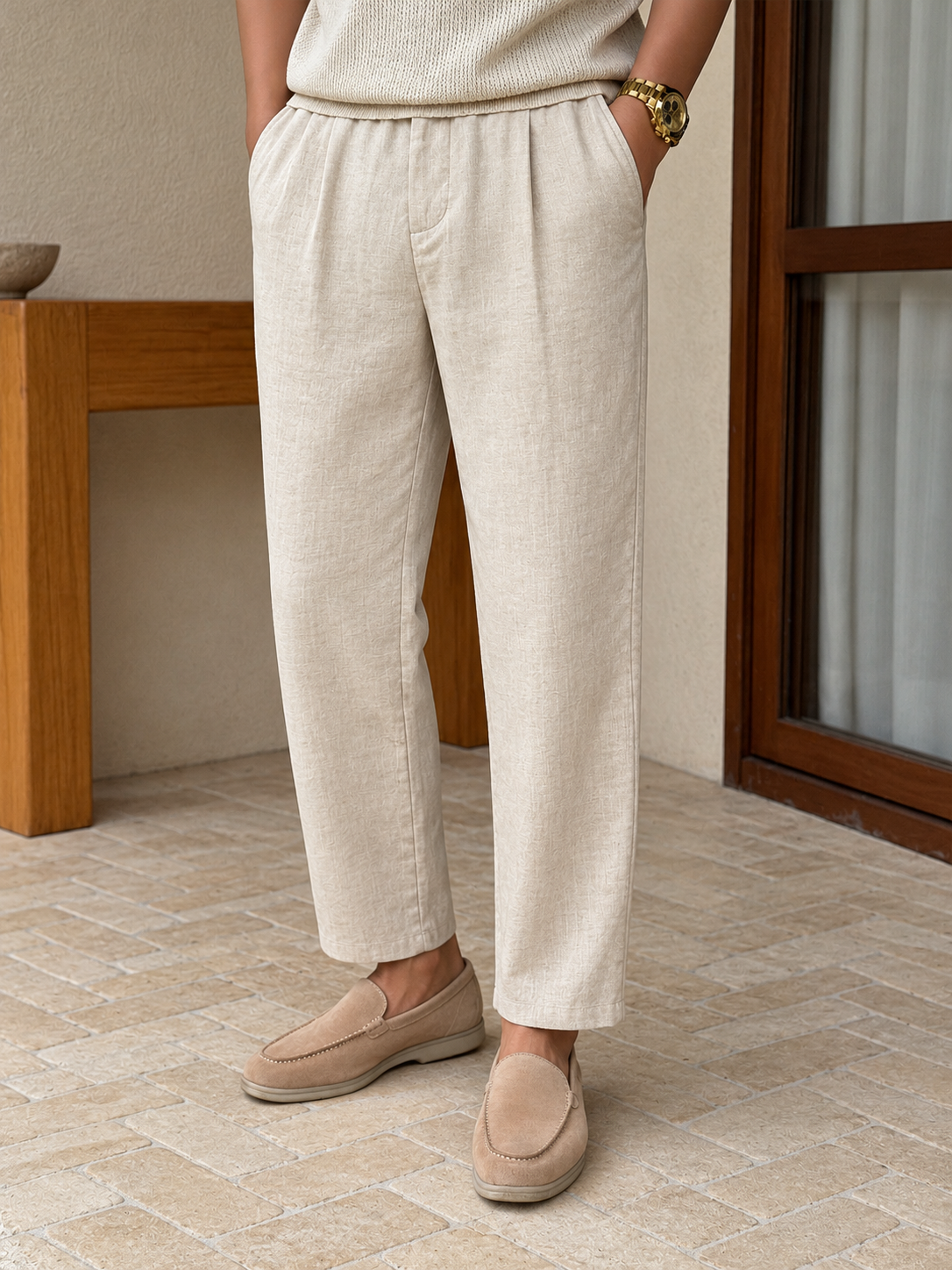 Men’s Textured Linen Blend Cropped Casual Pants — Men’s Textured Linen Blend Cropped Casual Pants