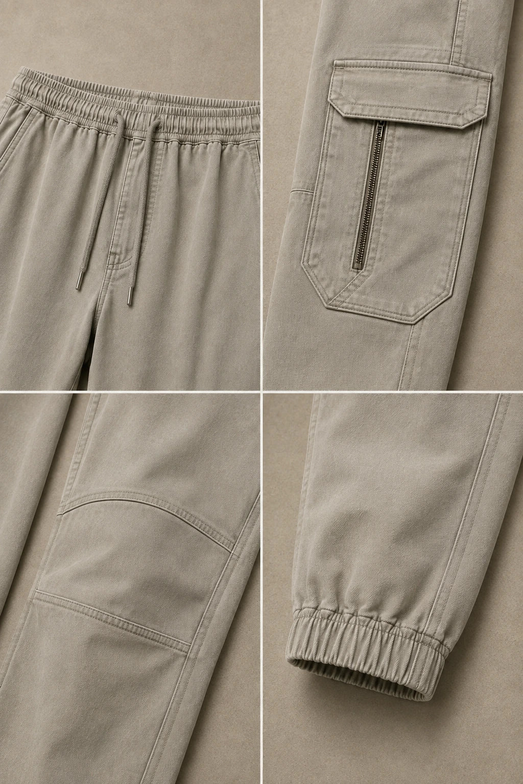 KU0012 Layered Cargo Jogger — Concept four-panel construction detail — Layered Cargo Jogger