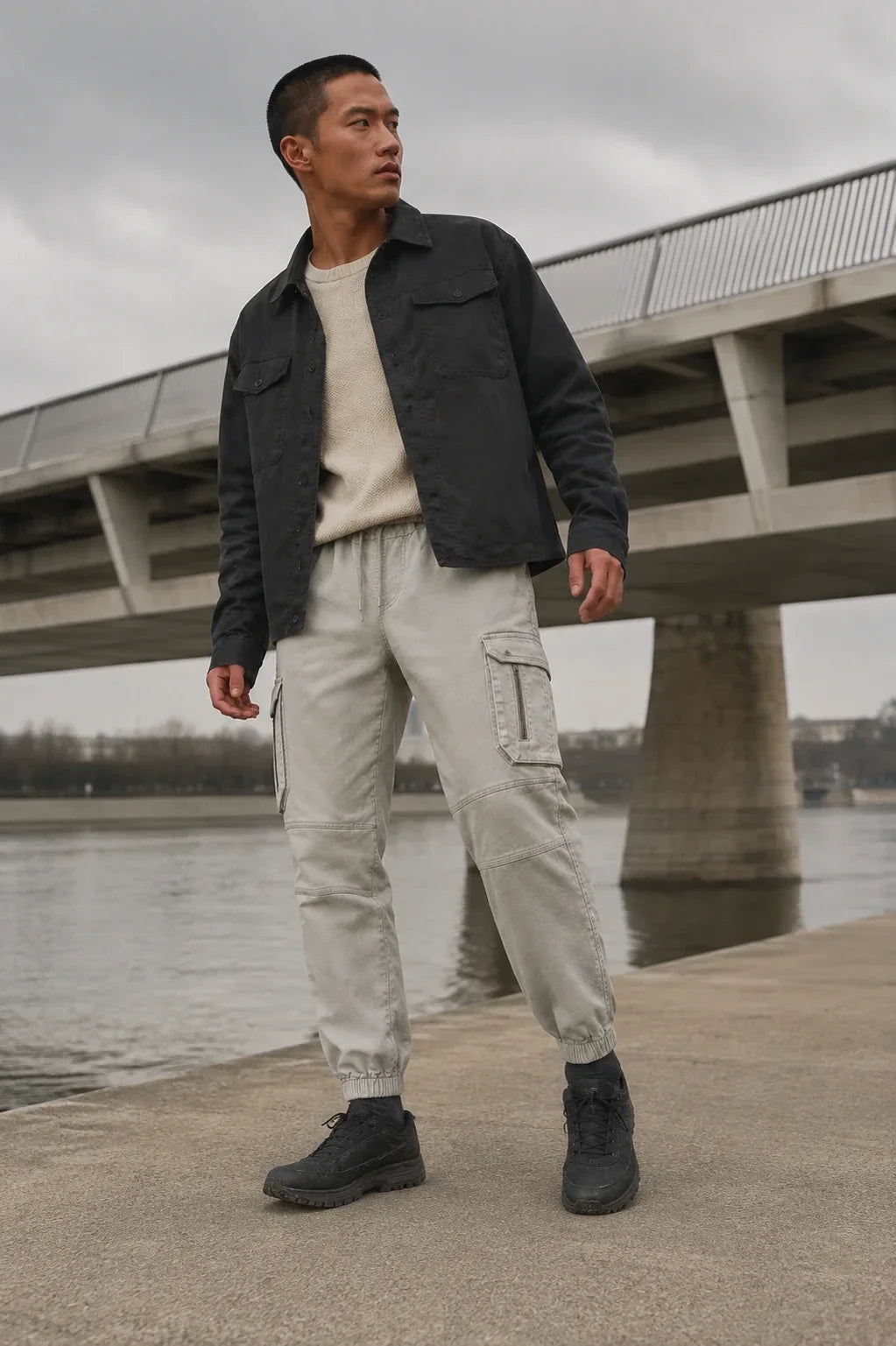 KU0012 Layered Cargo Jogger — AI-generated lifestyle scene — Layered Cargo Jogger