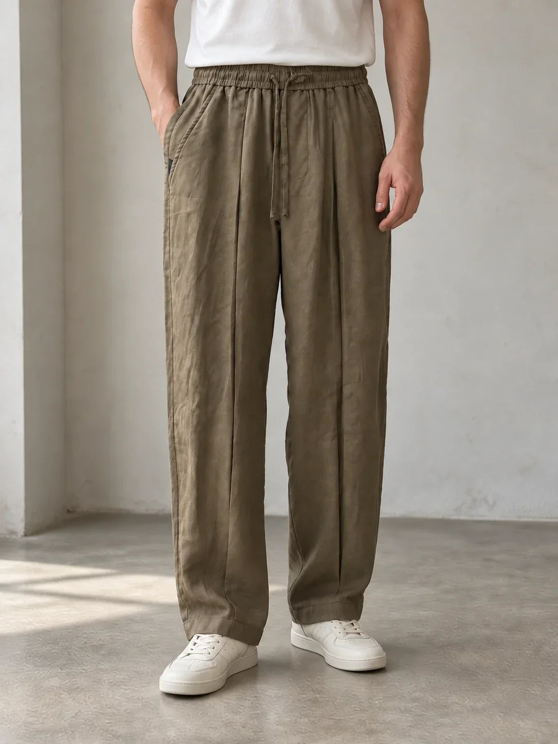 Taupe relaxed trousers — AI-generated model styling
