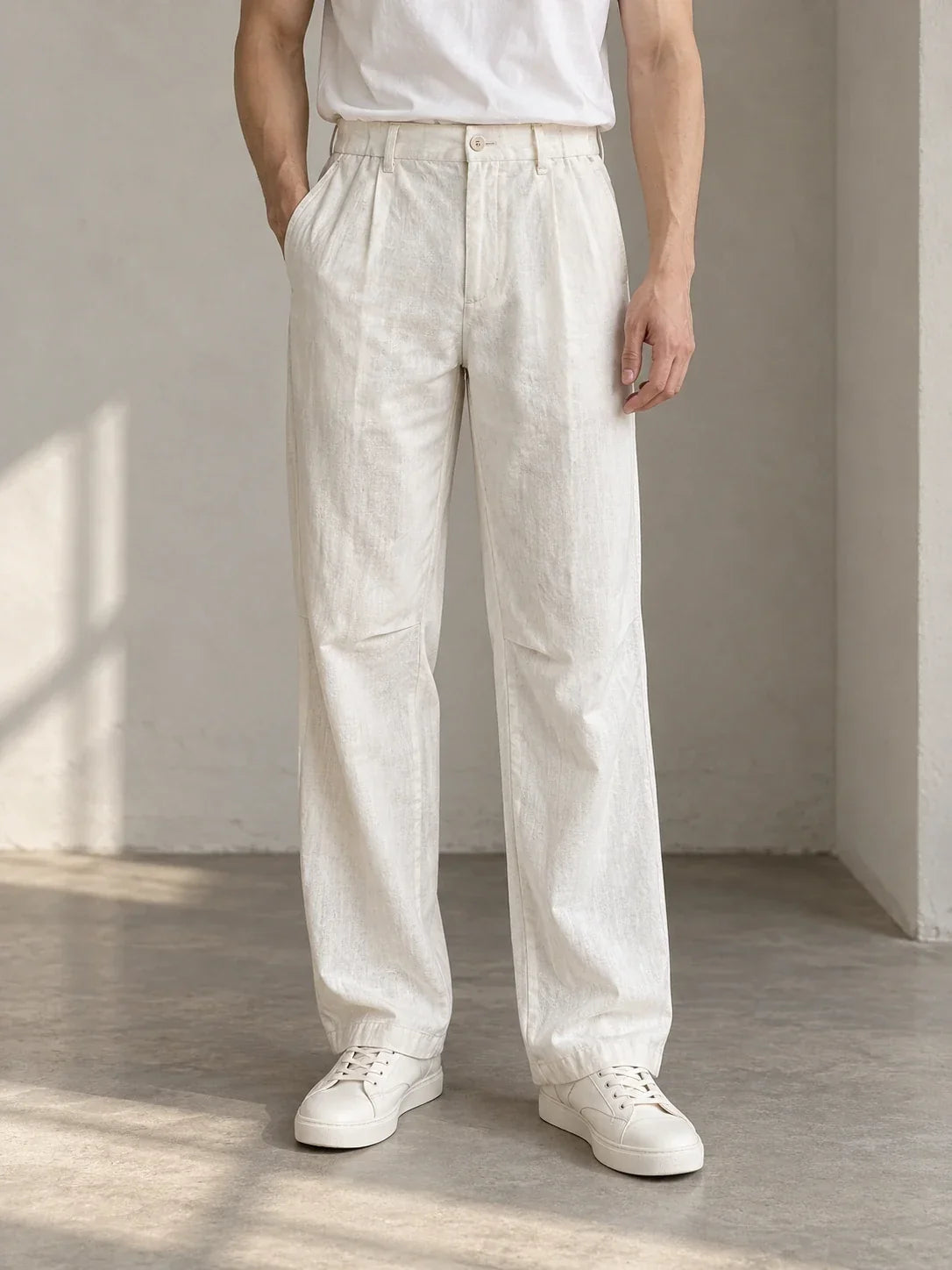 Ivory button-front trousers — AI-generated model styling