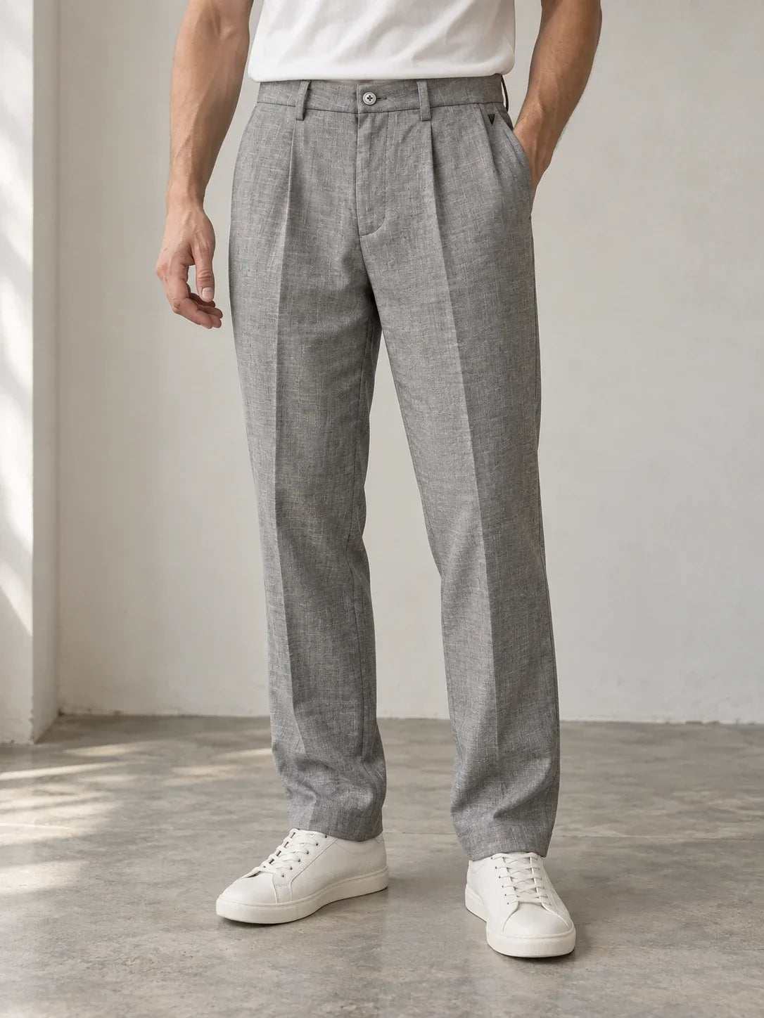 Grey pleated trousers — AI-generated model styling