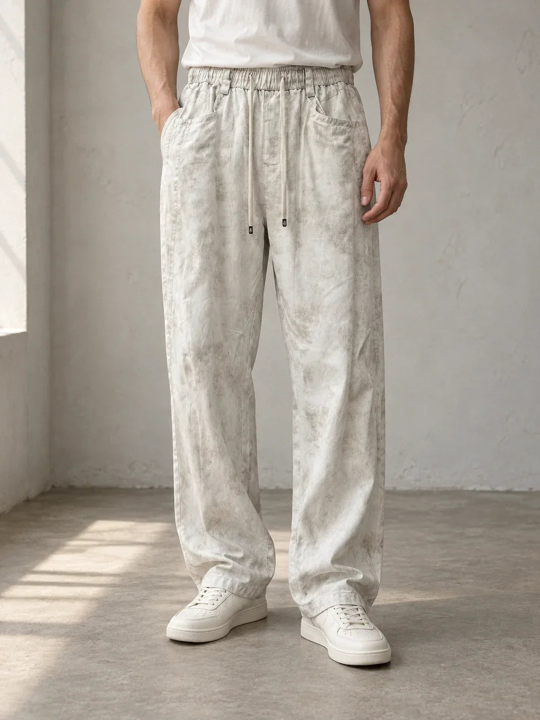 Light drawcord trousers — AI-generated model styling