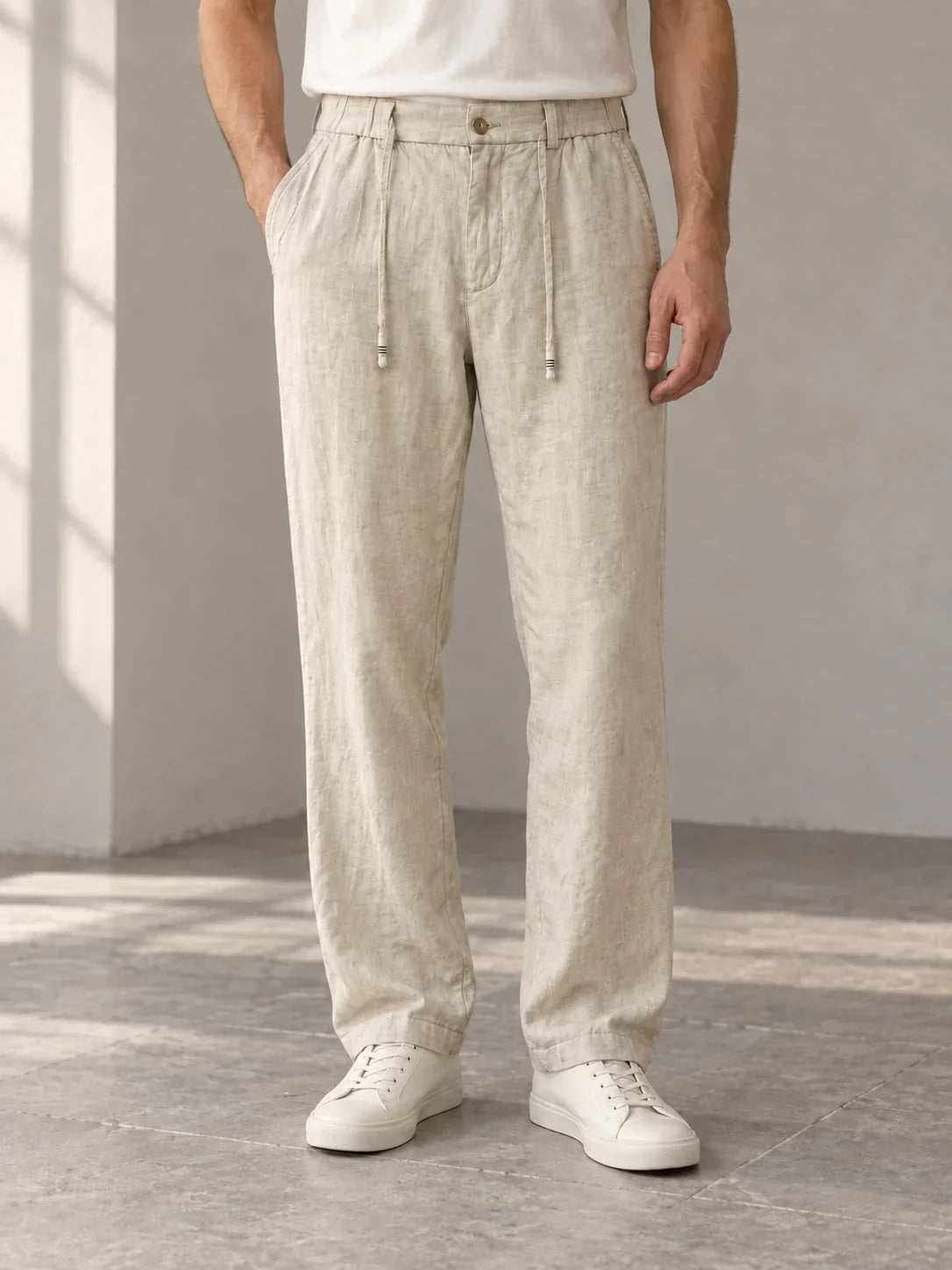 Sand button-front trousers — AI-generated model styling