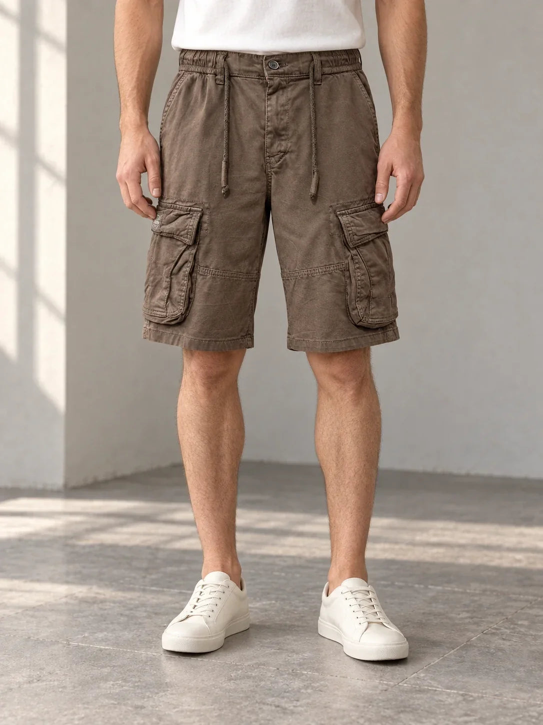 Brown cargo shorts — AI-generated model styling