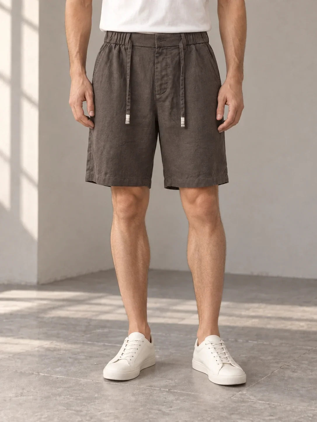 Brown drawcord shorts — AI-generated model styling