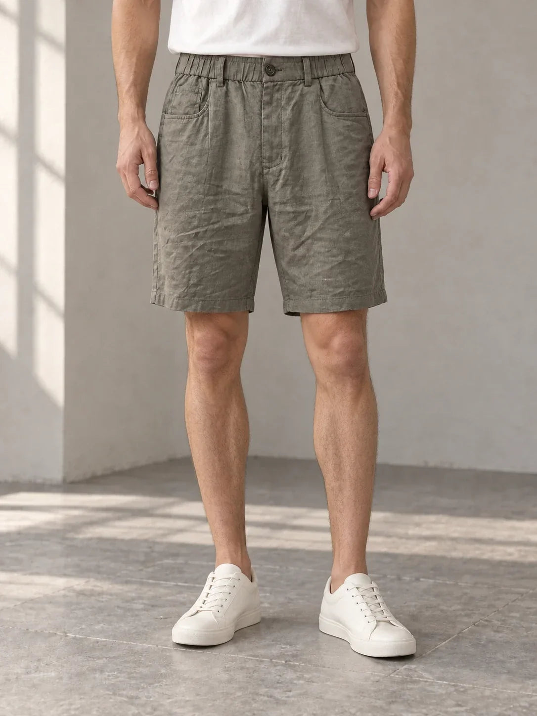 Olive button-front shorts — AI-generated model styling
