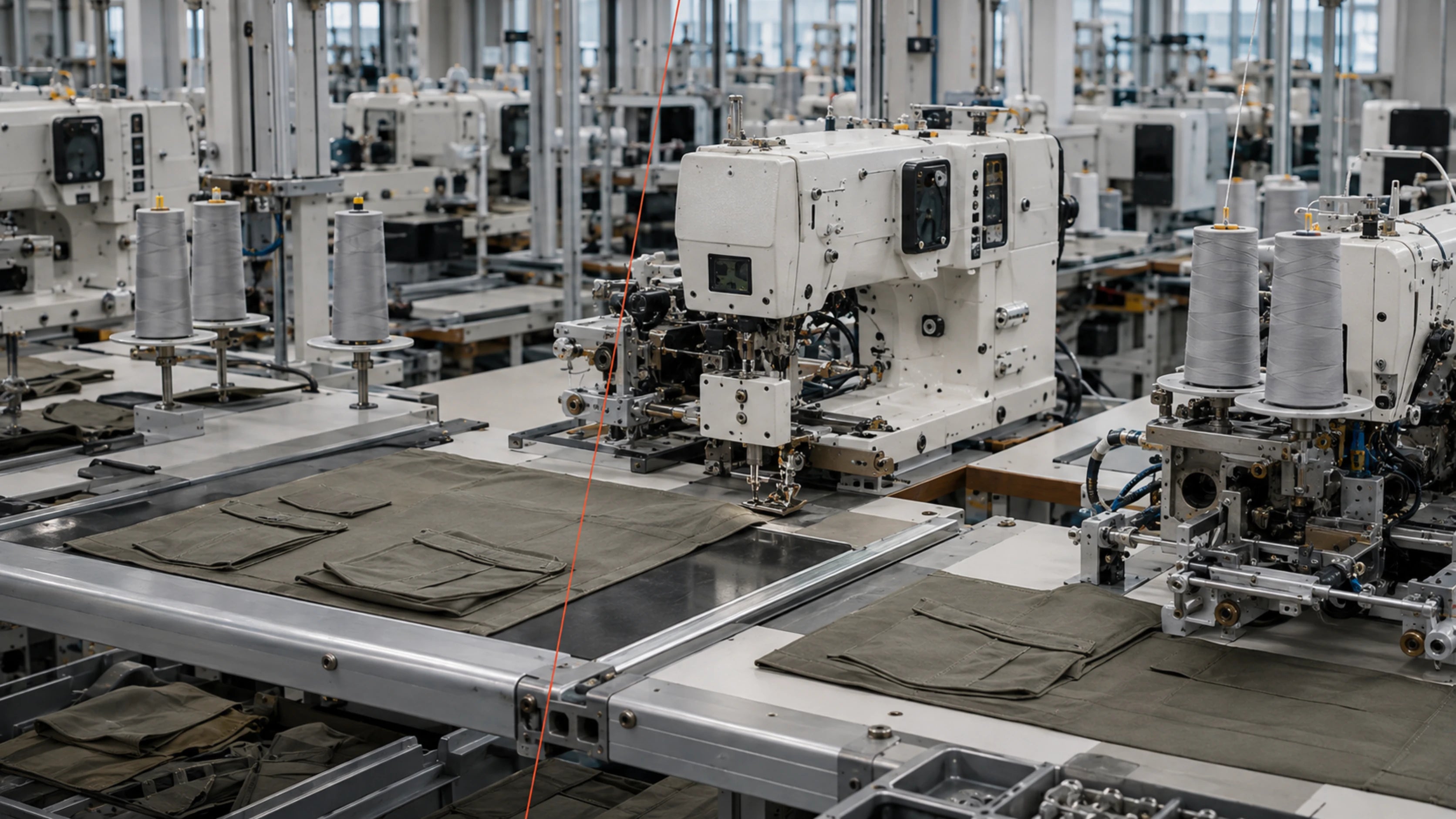 Assemble the garment. Programmable sewing cells visualize how individual trouser components become one garment.