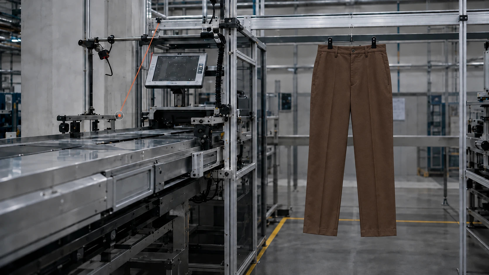 Verify the result. The final concept stage connects machine-vision review with the finished brown trouser.