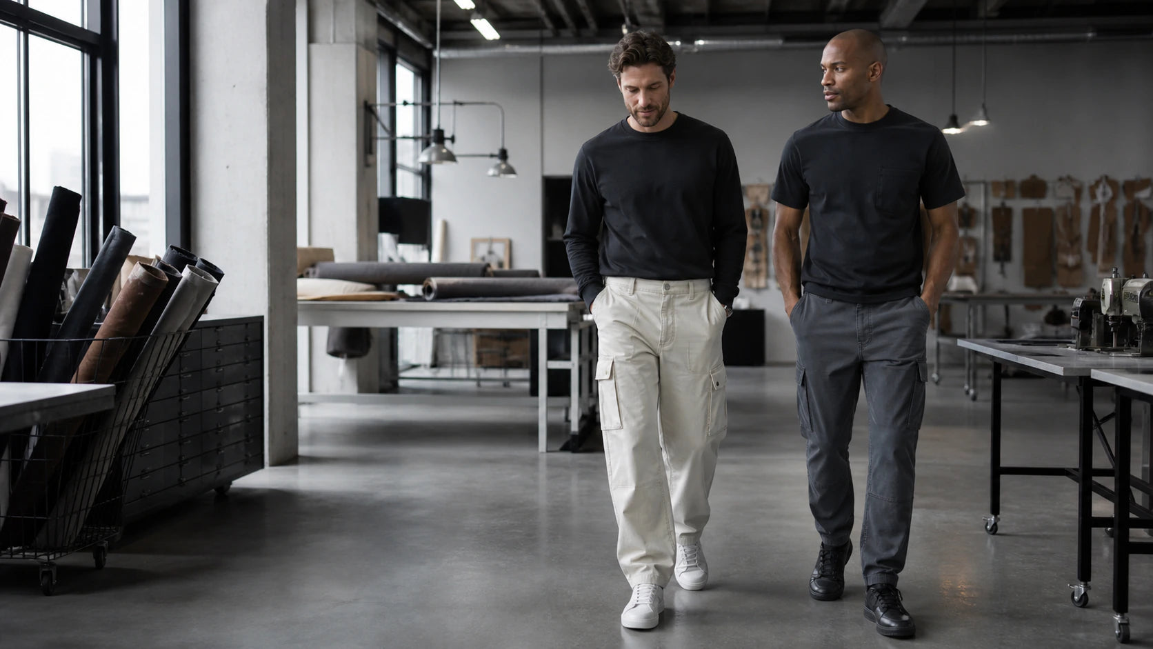 Two male models wearing stone and charcoal utility trousers in an apparel development studio