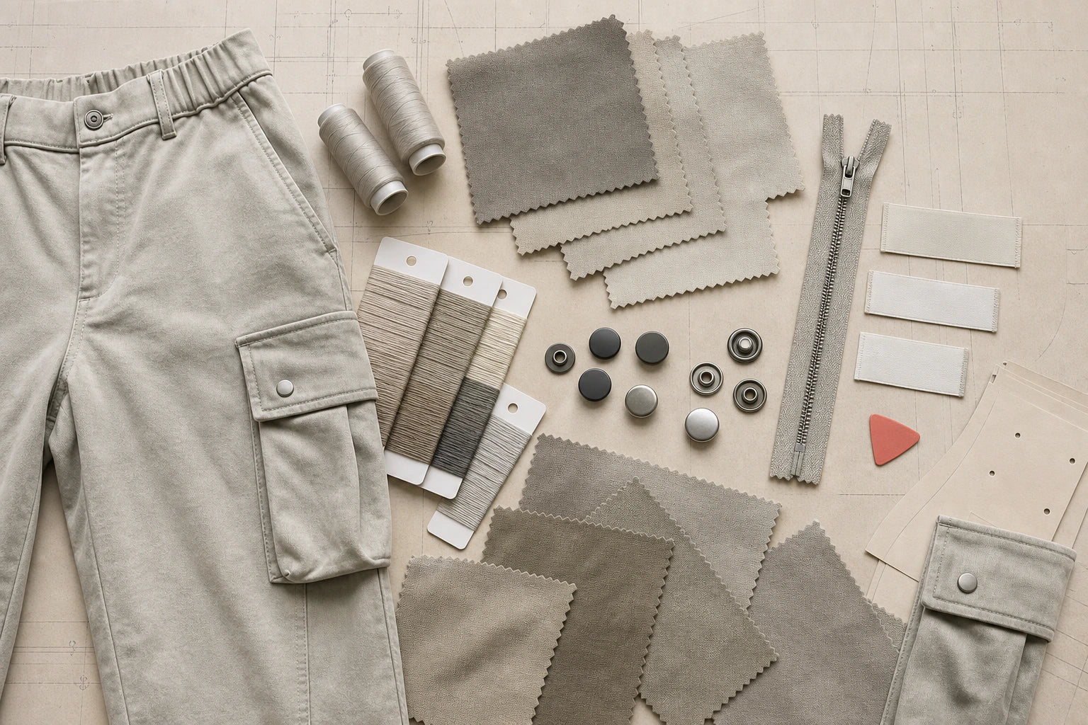 Illustrative material thread and trim direction for utility trousers