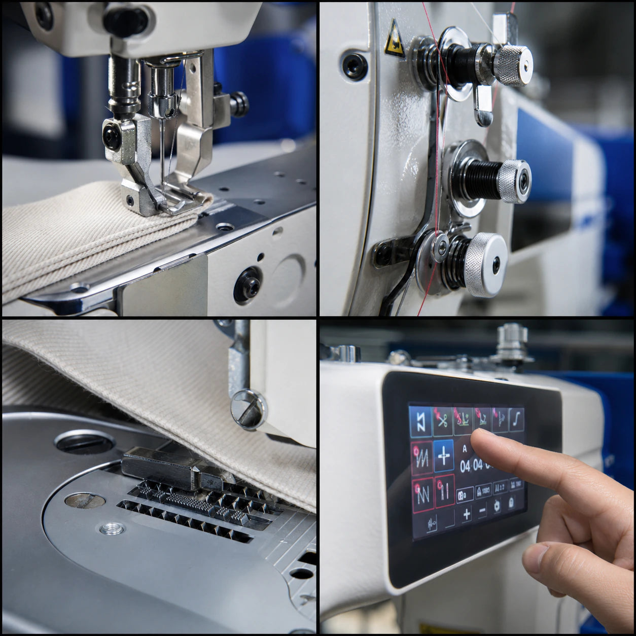 Illustrative close views of visible industrial sewing mechanisms